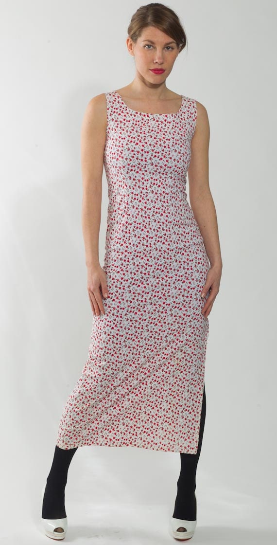 1980's Floral Print Gown-Vintage 1990's Bodycon Sleeveless Garden Cocktail Party Boho Stretchy White Red Summer Grunge Maxi Dress Size S M