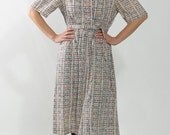 1970's Pink Summer Dress - Vintage 1960's Mod Abstract Print Cream Secretary Classic Boho Preppy House Day Shirtdress Midi Gown Size L XL