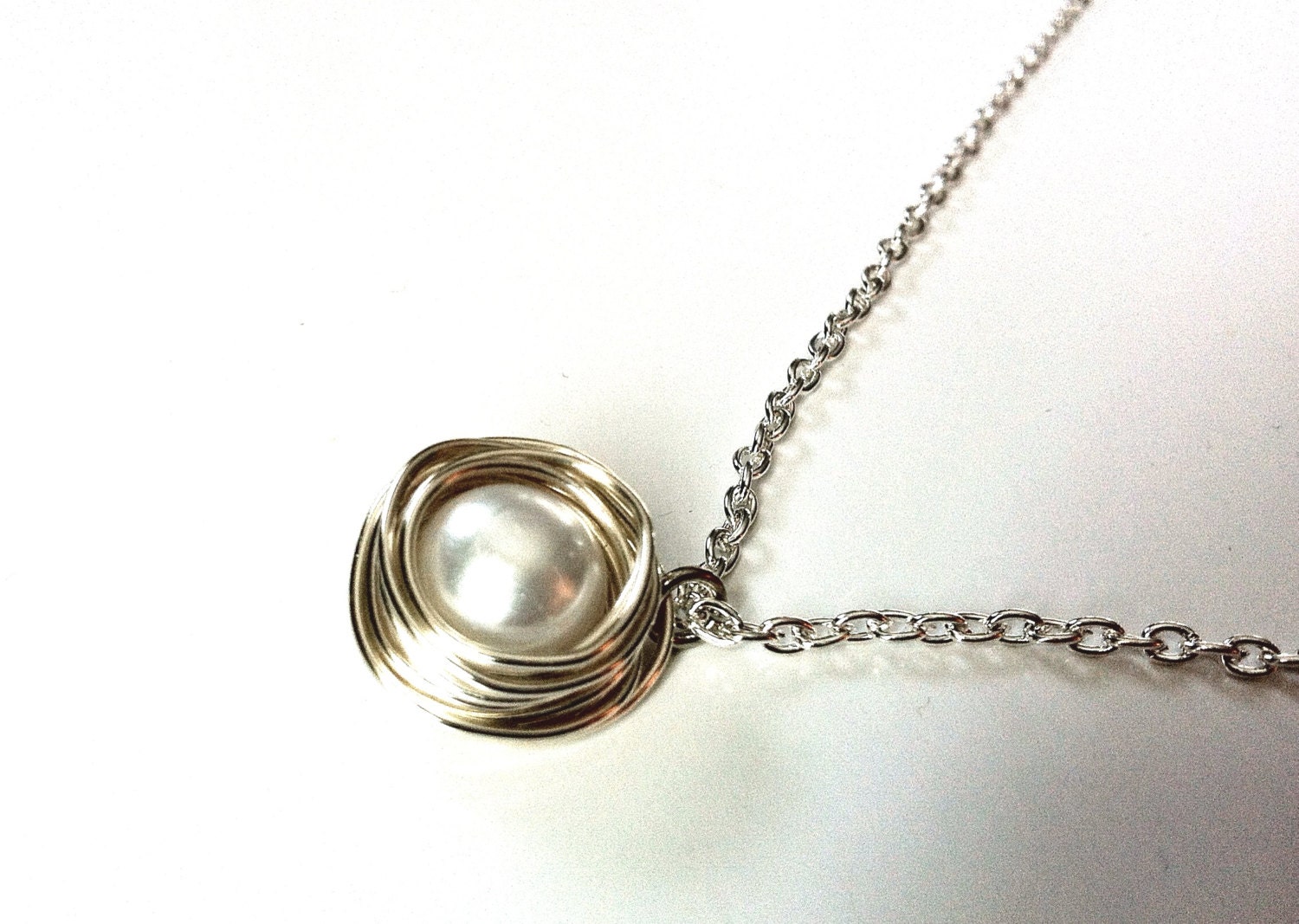 White Pearl Bird's Nest Necklace with Sterling Silver Wire Wrap