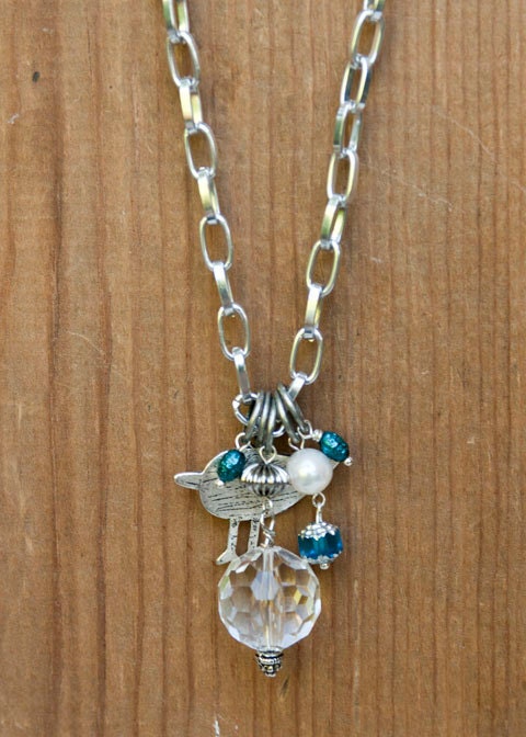 Tweeting the Blues Necklace - Silver Aluminum Blue Bird Twitter - Pearl Crystal Ball Unique Handmade Jewelry