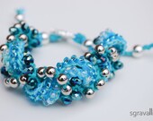 Turquoise Mint Braided Bangle Cuff Bracelet. Blue, Emerald Green, Silver. Hand Knitted With Beads. OOAK Fashion Jewellery. LAGUNA bracelet
