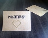 Thanks - Kraft Embroidered 8 Bit Pixel Heart Thank You Card - Gold Silver Pink Red - handmade by lovelizzard