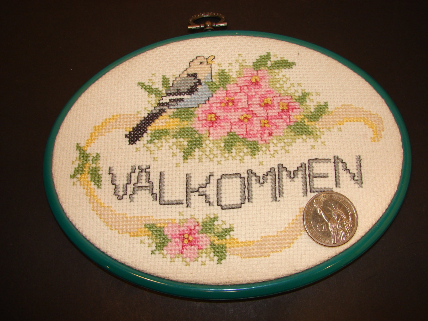Swedish Vintage Handmade Embroidery Hoop Unique Home Decor Welcome Wall Hanging Cottage chic decor  with Bird on flowers