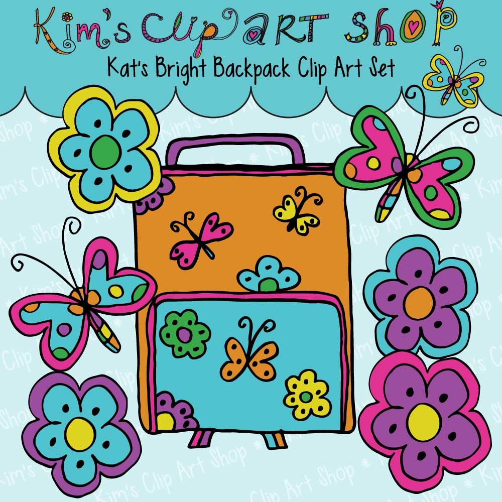 Kat's Bright Backpack Clip Art Set backpack, flowers, butterflies, commercial use, personal use, scrapbooking