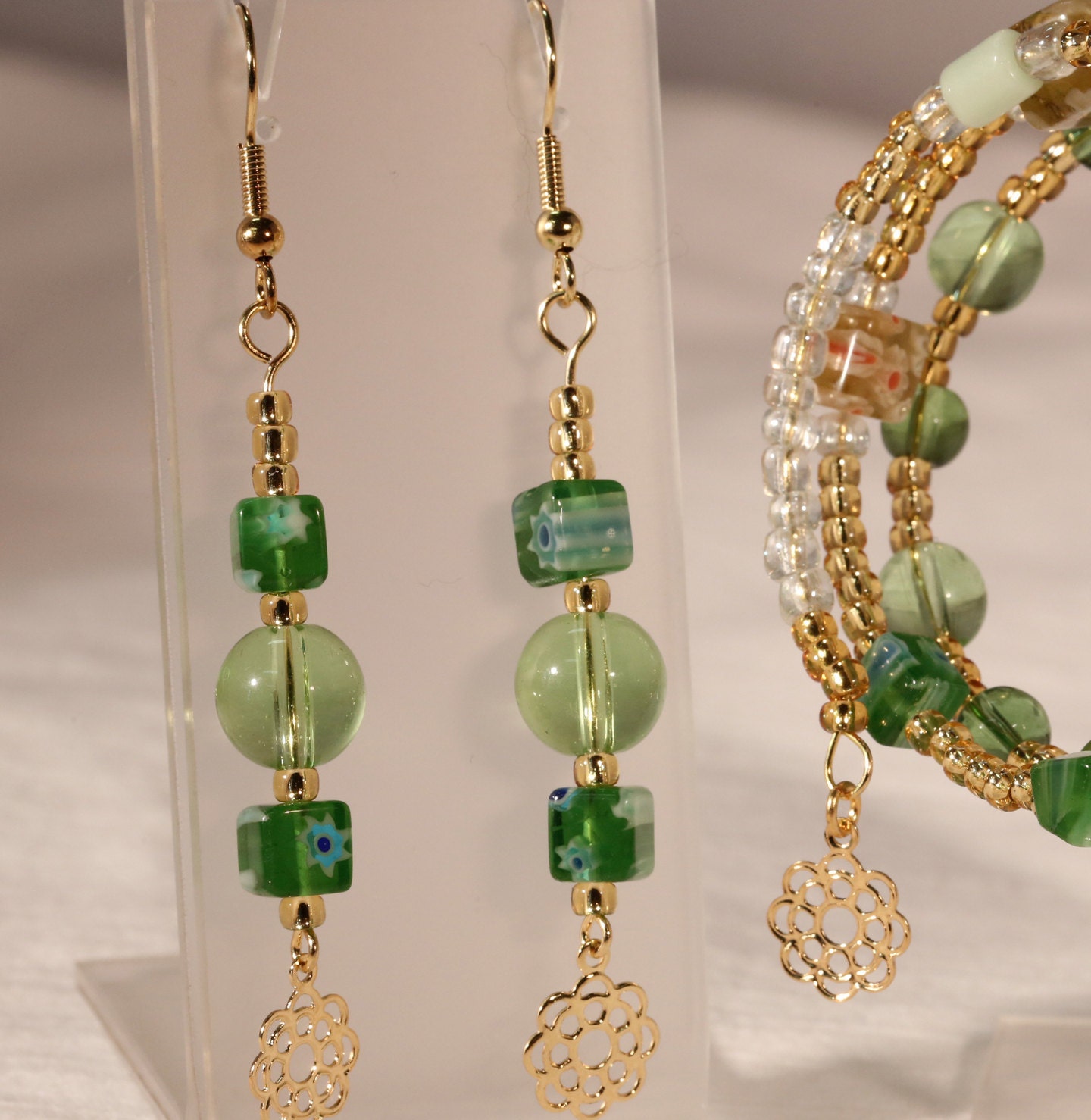 Emerald Green Floral Millefiori Glass Cubes, Green Glass, Gold Flower Charms, Handmade Dangle Earrings, Boho Chic Statement Gift