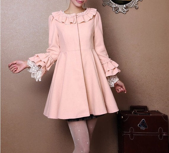 women's Princess style cute bow Fitted Wool Coat jacket pink Cape coat spring coat  S-XXL