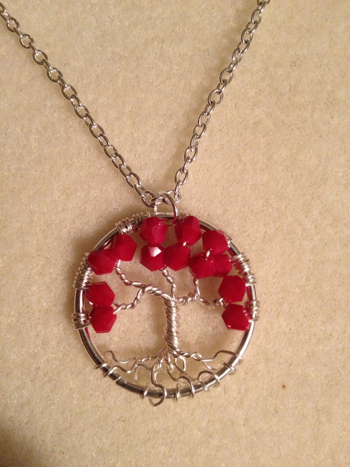 Petite Opaque Red Crystals Tree of Life -- Handmade Jewelry Pendant Locket Celtic Gemstones Wire Wrapped Trees Custom by Just4FunDesign