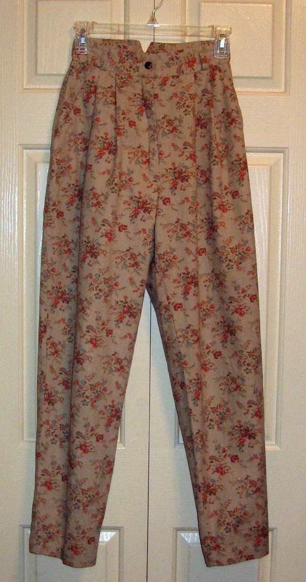 CALICO COWGIRL vtg 80s Khaki Floral Print Denim Jeans Pants Aqua Orange Rust XS S 0 2
