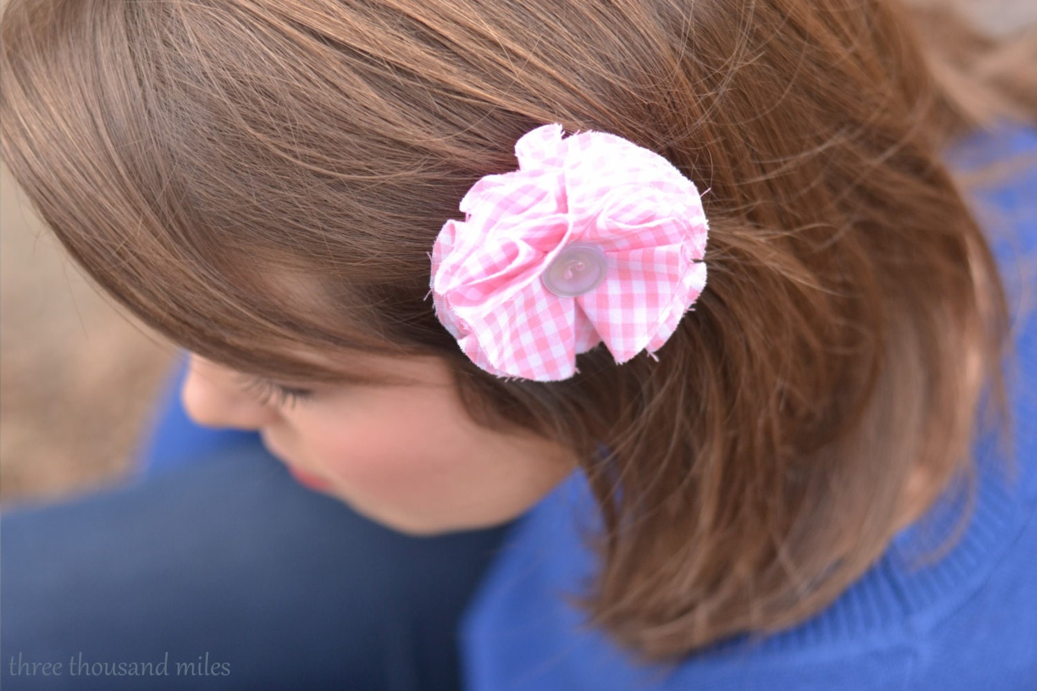 Pink Gingham Fabric Flower with Button on an Alligator Clip