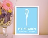My Kitchen: Where Happy Happens - Solid Background - Art Print - Charming Typography Poster - 8 x 10 Wall Decor
