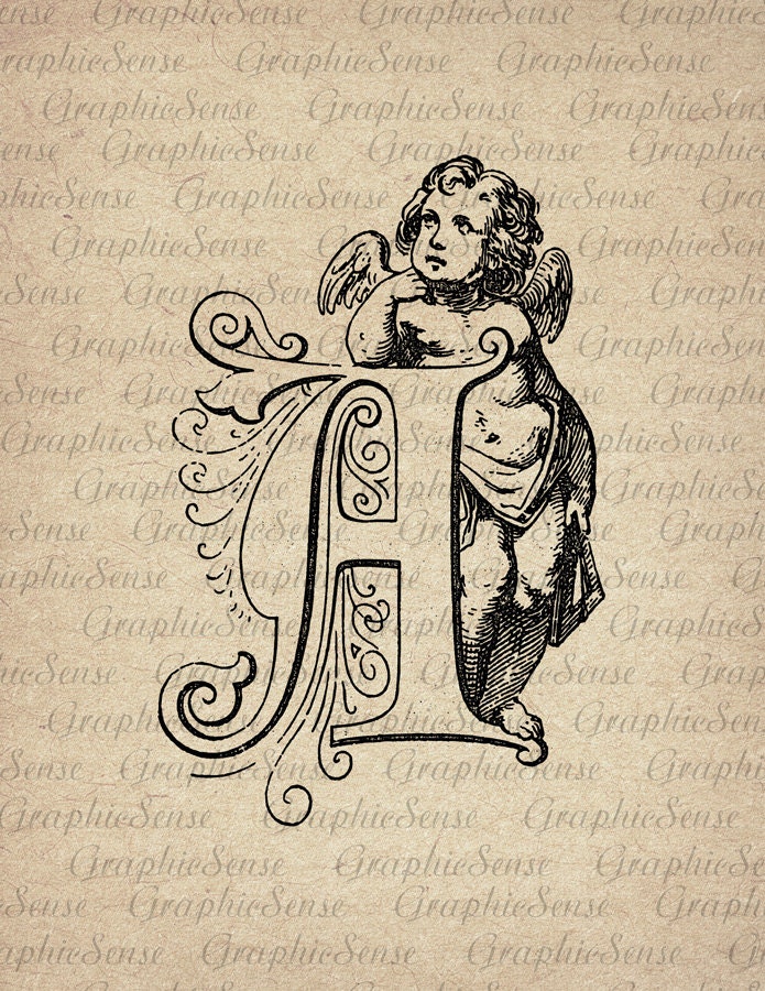 Anglel and Letter A - Cupid and Initials - Printable Graphics Digital Collage Sheet Image Download Iron on Transfer Fabric Paper Glass Lov94