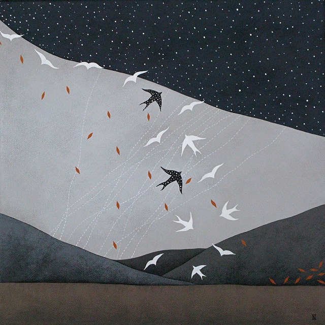we are all connected // original fine art painting on canvas // landscape with a flock of birds // by natasha newton