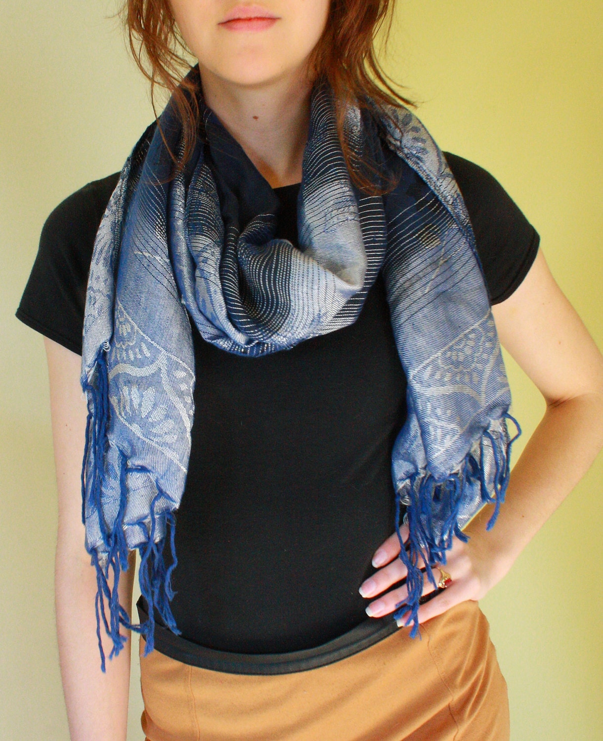 Vintage scarf bought in Italy. Navy Blue and Silver. With stripes and flowers and butterfly stitching. Spring summer 2013. Trendy. Hipster.