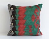 Kilim Pillows - Vintage Handwoven Wool Bohemian Turkish Decorative Red Black Green Kilim Pillow Cover - Shabby Chic Embroidered 16x16 Pillow