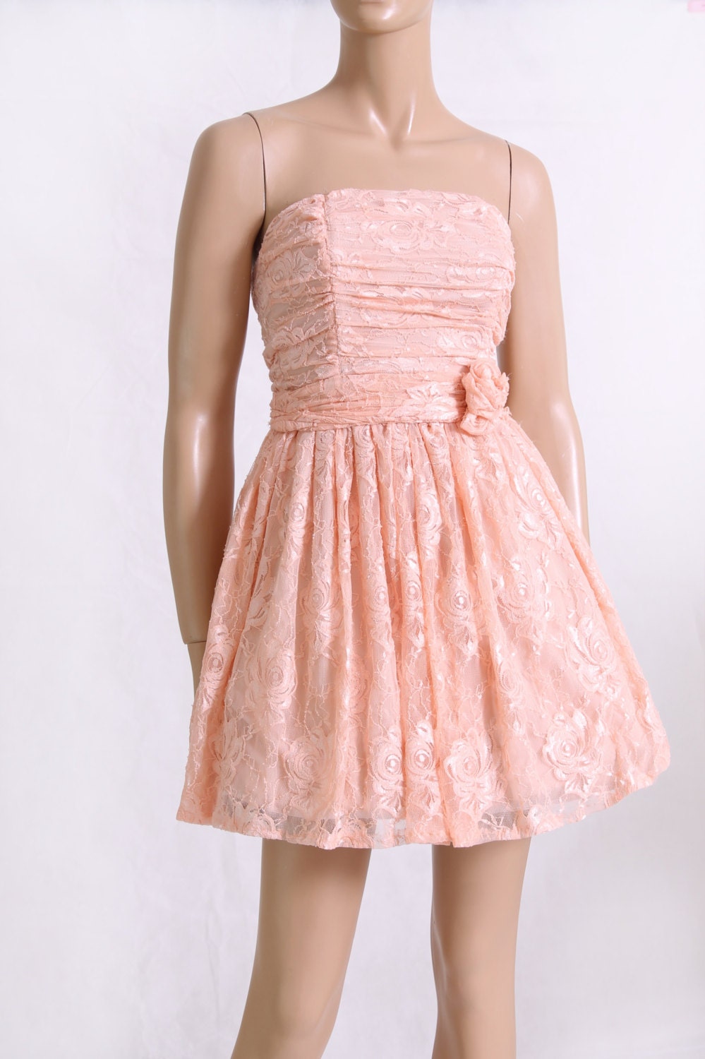 Party  /Peach lace/  evening / bridesmaid  /cocktail / strapless/ dress
