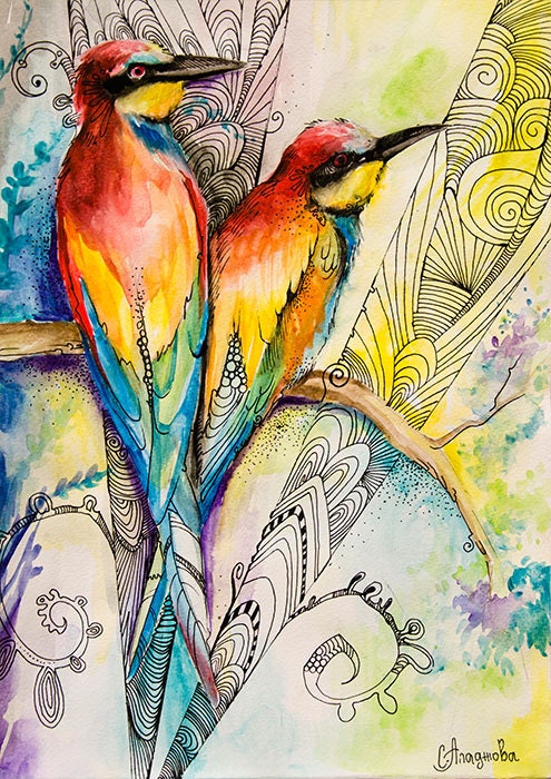 Love birds watercolor  painting print 8" x 12" Colorful, Animal, Alizarin crimson, Azure, Banana yellow, Cardinal, Cadmium yellow,