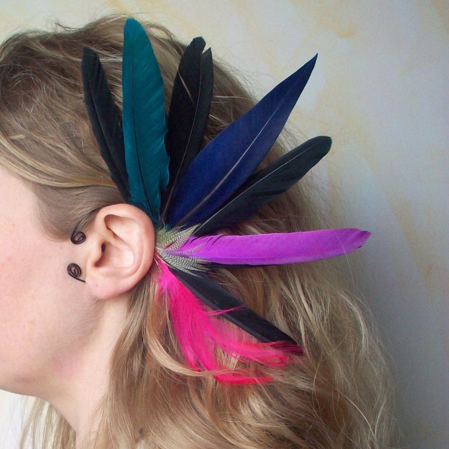 Tribal Festival Ear Cuff, Native, Sprirt, Tribal, Ecstatic Dance, in Multi-Color Feathers