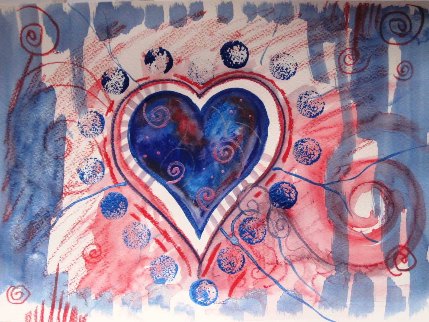 ORIIGINAL Watercolor Painting -  Spiral Blue Heart-  Abstract Mixed Media Love Valentines Day Gift Love Romantic Illustration