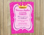 Enchanting Pink Sparkly Princess Birthday Invitation, Crown, Purple, Girl, Custom Digital File, Printable