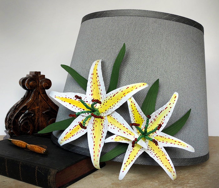 Large Handmade Floral Lamp Shade "Lilium auratum" Yellow / White Lilies - Modern Gift Cottage Chic Romantic - Silver Sunshine Yellow