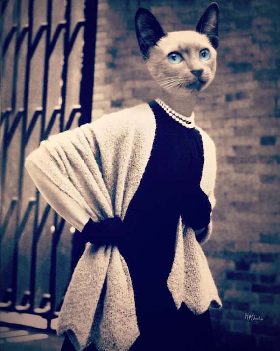 Cat Art Print, Siamese, Mixed Media Collage Art 8 x 10  "So Chic" Fashion Photography, Black and White, Watchful Crow - WatchfulCrow