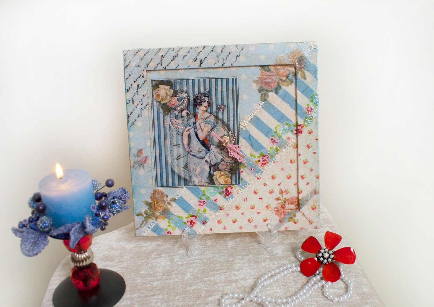 Wall  Wood Clock  Retro Woman  20s Flapper Old Clock Roses Handwriting Sheet Blue Stripes Collage Shabby Chic  Decoupage Retro style Blue Pi