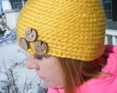 Spring SALE....Bright Yellow Crocheted Hat with wooden buttons