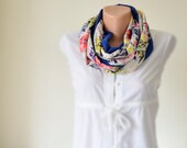 Floral Spring Colors, Dark Blue, Red, Reversible Infinity Scarf, Women