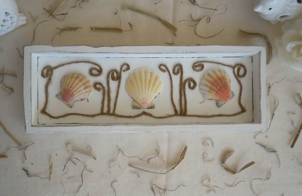 Rustic White Shadow Box with Shells, Yellow/Red/Tan/White, Table Décor, Centerpiece, Home Decor