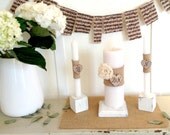 Unity Candle Personalized 7 Piece White Wood Set with Flower and Burlap Mat