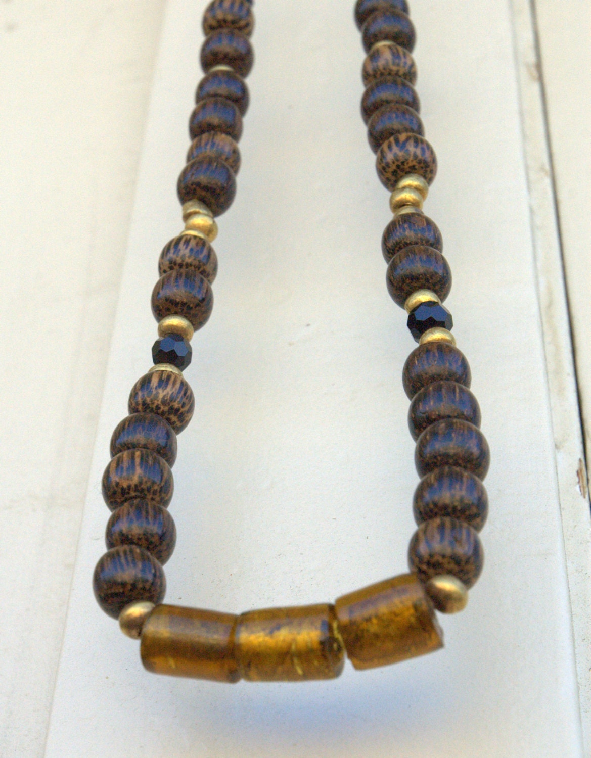 Indian Wood, Amber and Gold Three Bead Mantra Necklace