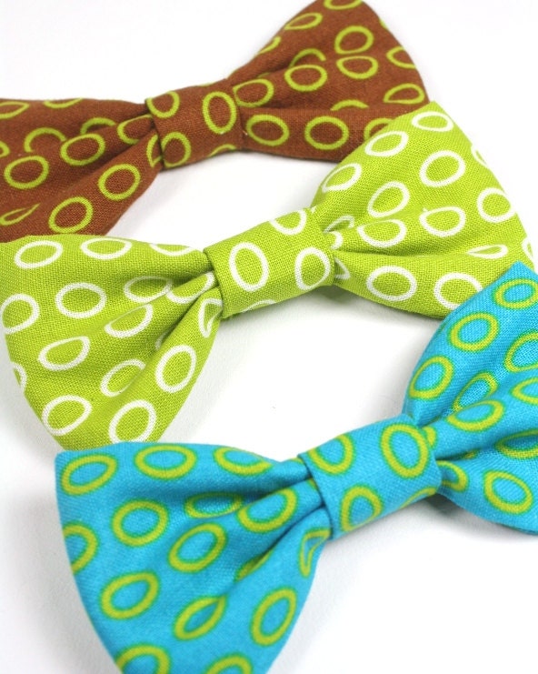 Dog Cat Bow Tie LARGE Graphic Print Ovals Green Brown Turquoise 5" x 3" Removable to fit 1" w Collars