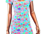 Cute Candy Colored Hearts Print Short Sleeve Bodycon Dress