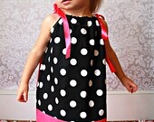 Black and White Polka Dot Pillowcase Dress Hot Pink Trim, Sizes 6m,12m, 18m, 2T, 3T