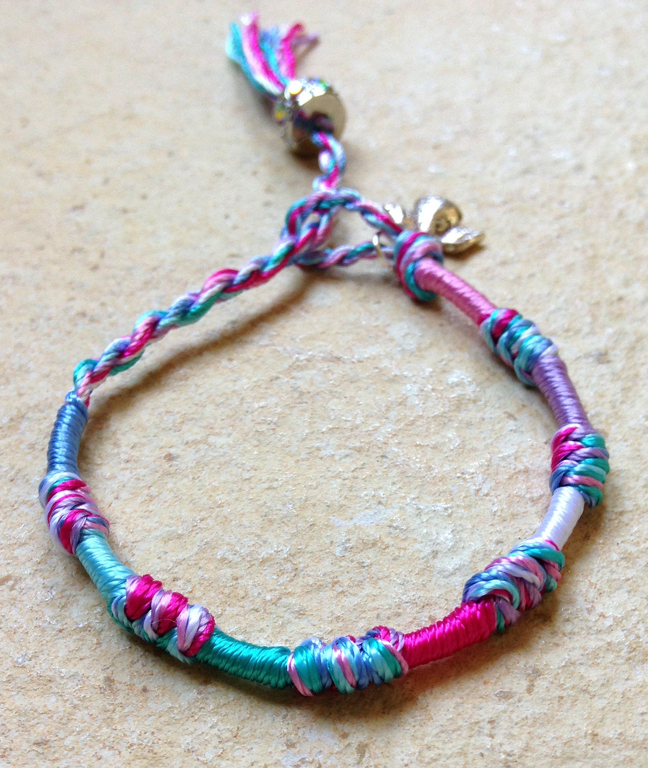 Pink Shade Friendship Bracelet, Braided Knot Cord Fiber with Angel Charm and Rhinestone Bead.