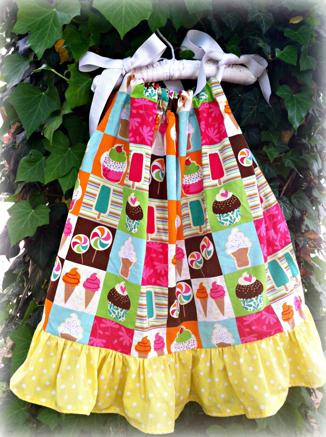 Sweet Treats Custom Boutique Pillowcase style ruffle dress.  Cupcakes, popsicles, lollipops, and ice cream.