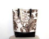 Large tote bag, leather stripe and flower printed canvas, brown, cream, beige
