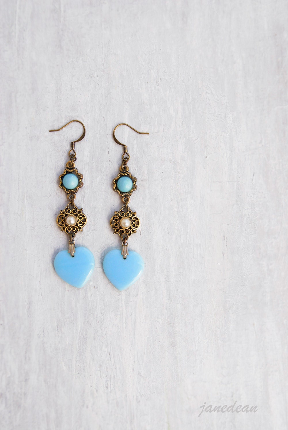Baby Blue Heart Earrings - vintage glass charms and links