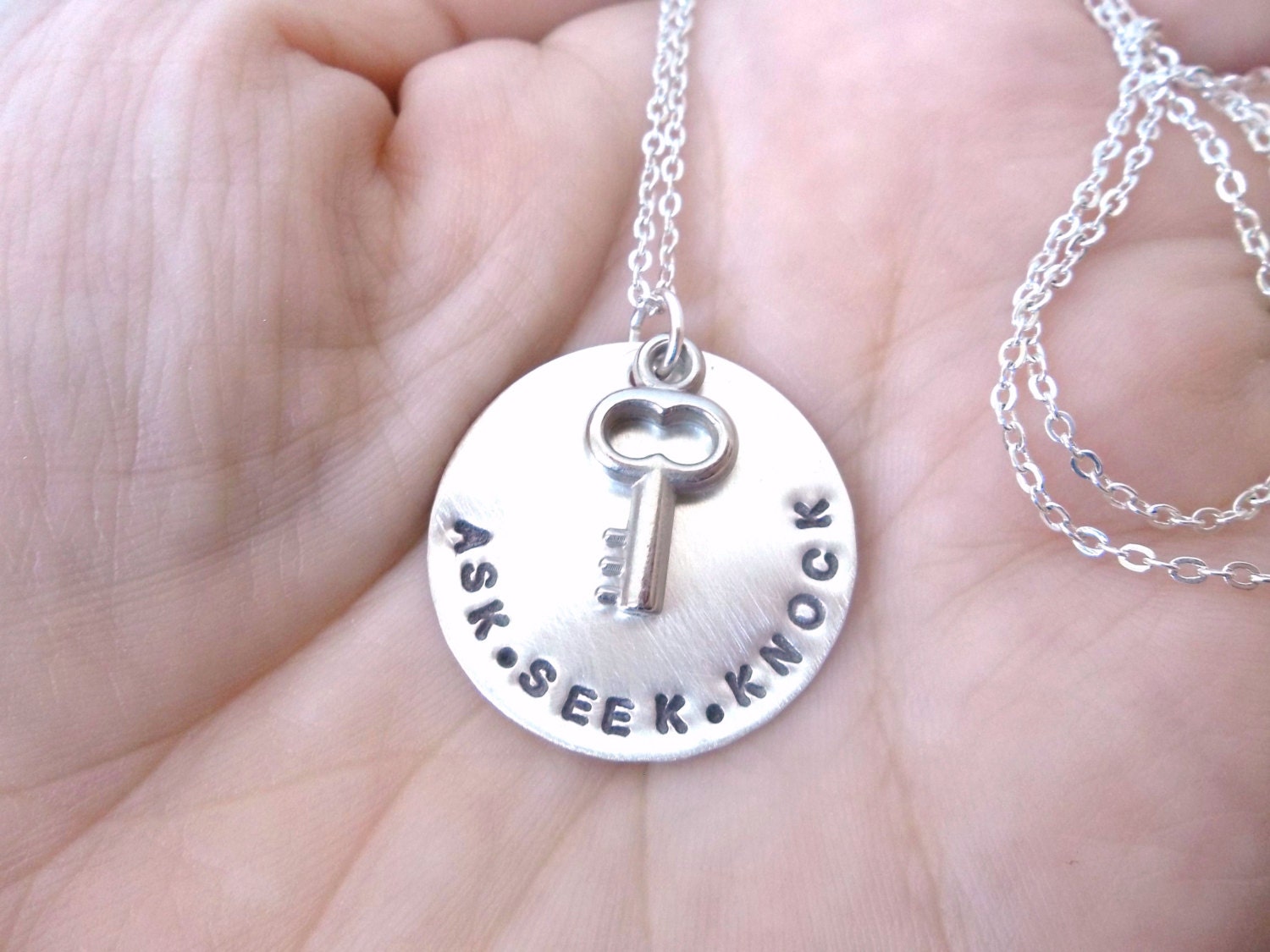 ASK SEEK KNOCK - Custom Hand Stamped Sterling Silver Necklace with key charm