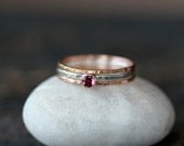 Pink Tourmaline Stacking Ring Set 14k Gold Recycled Ethical Hammered Band Gemstone Solitaire Fine Jewelry Three Bands Mixed Metal