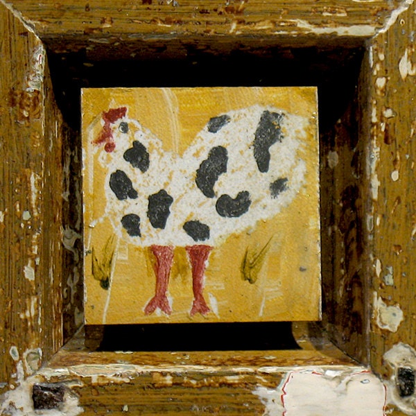 Rooster Cow Too - 2x2 Original Painting in Vintage Wood Frame