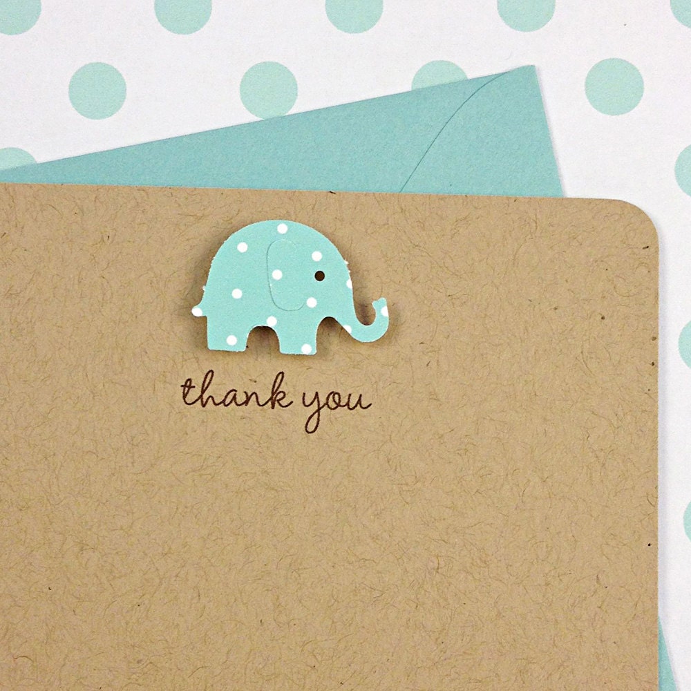 handmade recycled baby thank you notes cards - pool blue elephant on recycled kraft stock with matching envelope - pack of 16