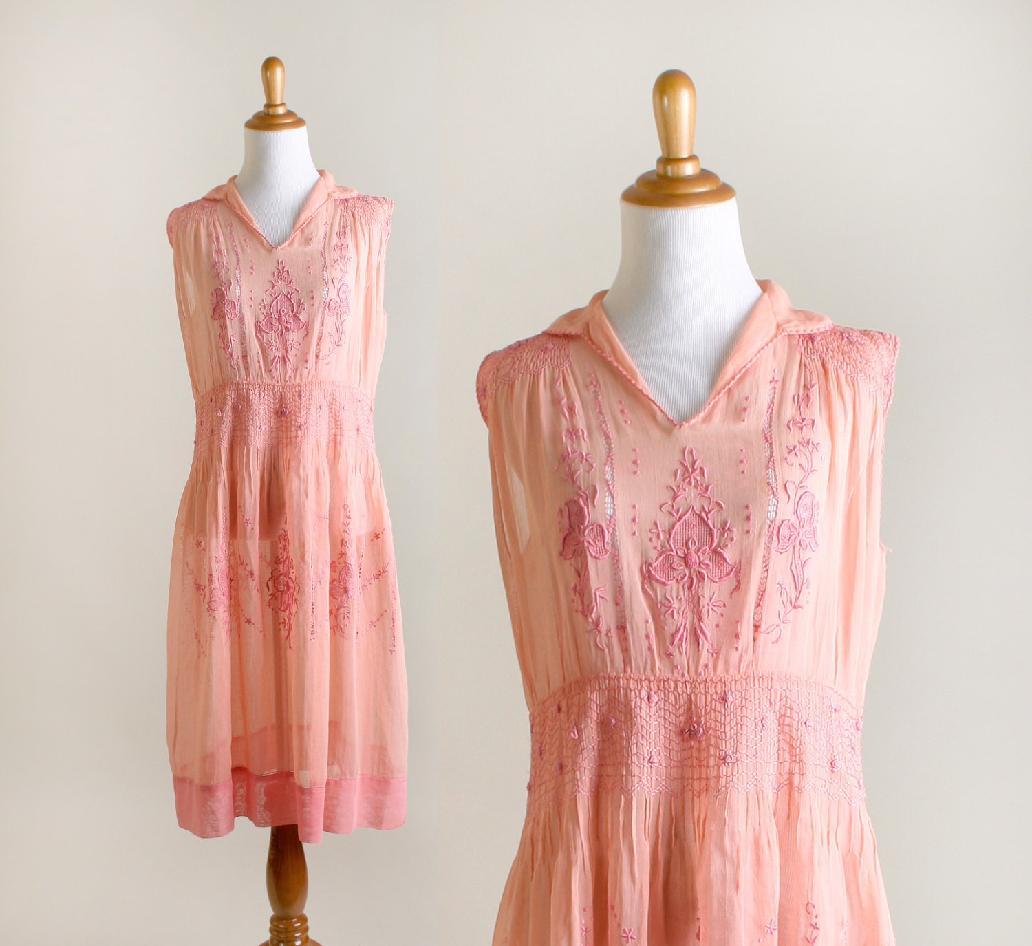 Vintage 1920s Dress - Embroidered Peach and Pink Floral Flapper Dress - Medium
