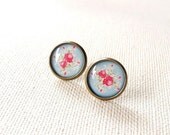 Floral Earring Studs - Floral Jewelry - Blue Red Rose Earrings - Rose Jewelry