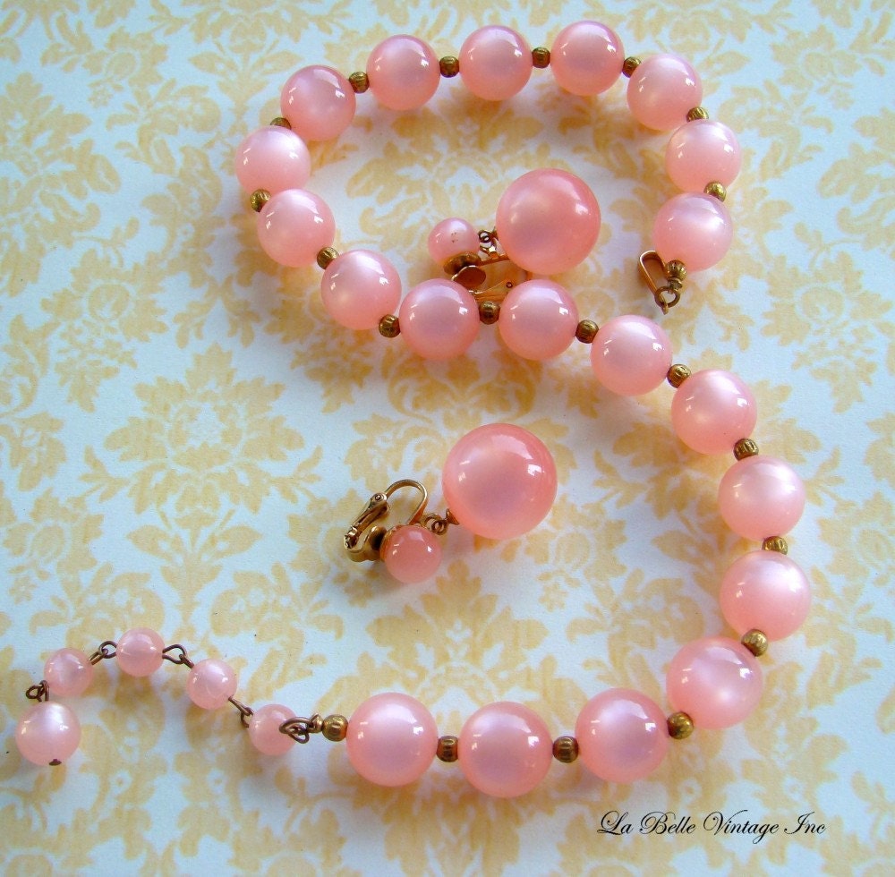 Vintage Necklace Earrings - Luminous Pink Moonglow Lucite