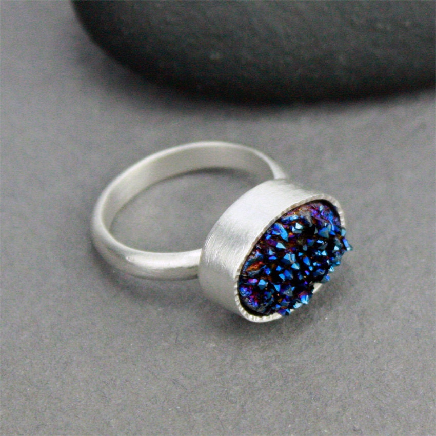 Blue Druzy Statement Ring, Cocktail Ring, Recycled Sterling Silver