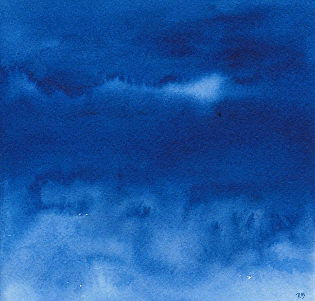 Original waterscape Painting - Water and Cloud Watercolor - deep blue, monaco blue