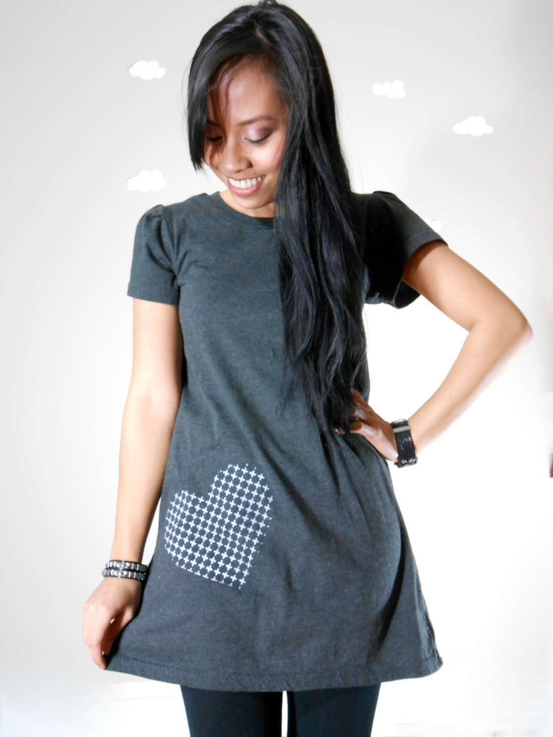 Heart print tunic eco friendly dark grey cross stitch design extra small HEART THIEF