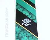 Mens stripe shamrock necktie, Lucky 13 Skull bones tie airbrush OOAK