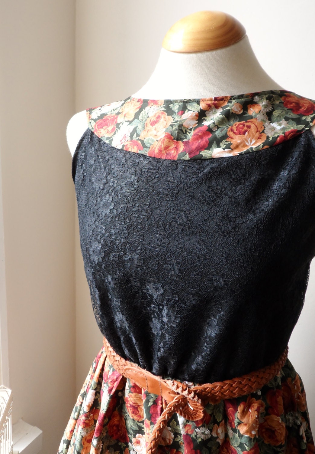 Black Lace and English Rose Contrast Dress // Boho 50s Inspired Dress / Handmade / XS S